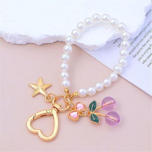 Dreuyet 2Pcs Cherry Bag Charms Keychains with Flower Blossom Pearl Car Purse KeyChain Accessories Gifts in Saudi Arabia