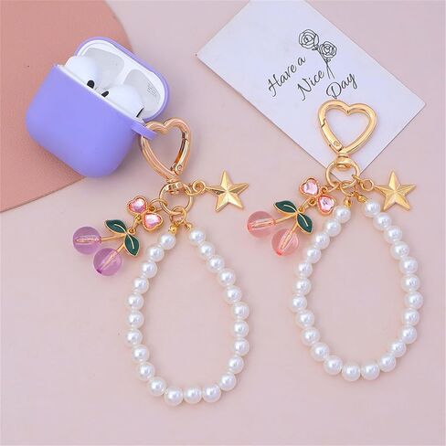Dreuyet 2Pcs Cherry Bag Charms Keychains with Flower Blossom Pearl Car Purse KeyChain Accessories Gifts in Saudi Arabia