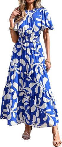 KIRUNDO Maxi Dresses for Women 2025 Floral Short Sleeve Spring Summer Smocked Waist Round Neck Flowy Beach Vacation Dress in Saudi Arabia