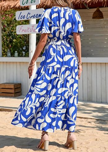 KIRUNDO Maxi Dresses for Women 2025 Floral Short Sleeve Spring Summer Smocked Waist Round Neck Flowy Beach Vacation Dress in Saudi Arabia