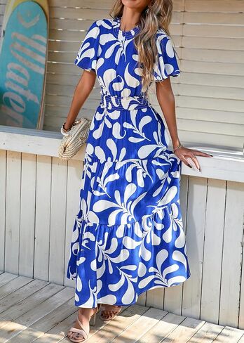 KIRUNDO Maxi Dresses for Women 2025 Floral Short Sleeve Spring Summer Smocked Waist Round Neck Flowy Beach Vacation Dress in Saudi Arabia