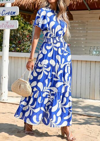 KIRUNDO Maxi Dresses for Women 2025 Floral Short Sleeve Spring Summer Smocked Waist Round Neck Flowy Beach Vacation Dress in Saudi Arabia