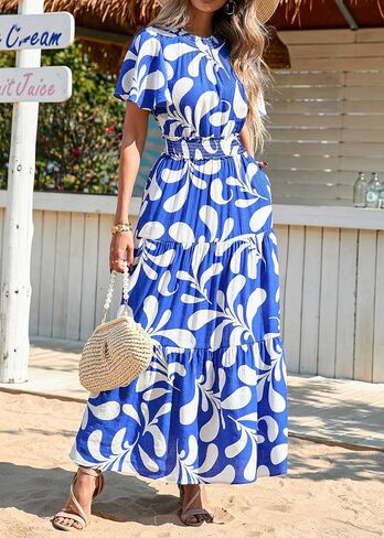 KIRUNDO Maxi Dresses for Women 2025 Floral Short Sleeve Spring Summer Smocked Waist Round Neck Flowy Beach Vacation Dress in Saudi Arabia
