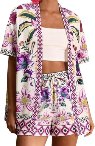 Women Boho Tropical Print Beach Cover Up Shorts Set 2 Piece Summer Lounge Outfit Lightweight Swimwear Matching Outfit in Saudi Arabia