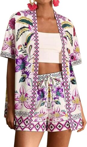Women Boho Tropical Print Beach Cover Up Shorts Set 2 Piece Summer Lounge Outfit Lightweight Swimwear Matching Outfit in Saudi Arabia