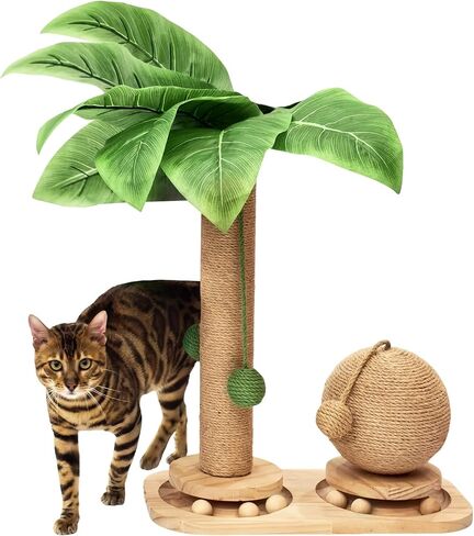 Cat Sisal Scratching Post, 4 in 1 Wooden Cat Scratcher Toy with Groomer, 24" Tall Scratch Post with 2-Layer Interactive Track Balls, Cat Climbing Tree with 2 Hanging Balls for Kittens in Saudi Arabia