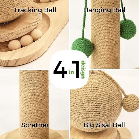 Cat Sisal Scratching Post, 4 in 1 Wooden Cat Scratcher Toy with Groomer, 24" Tall Scratch Post with 2-Layer Interactive Track Balls, Cat Climbing Tree with 2 Hanging Balls for Kittens in Saudi Arabia