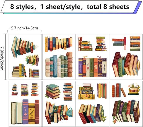 Craspire 8 Sheets 8 Styles Book Window Stickers Boho Books Window Clings Probroof Proforming Window Window Peel and Stick Glass Wall Decoration for Home Bedroom Room Library 5.7x7.87 in Kuwait