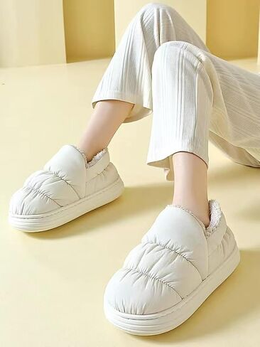 Quilted Puffer House Slippers with Full Foot Coverage Ultra-Soft Cotton Padding Fleece Lining Non-Slip Sole, All-Day Indoor Outdoor Comfort Warmth Shoes for Women Men in Kuwait