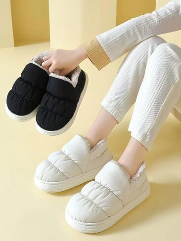 Quilted Puffer House Slippers with Full Foot Coverage Ultra-Soft Cotton Padding Fleece Lining Non-Slip Sole, All-Day Indoor Outdoor Comfort Warmth Shoes for Women Men in Kuwait