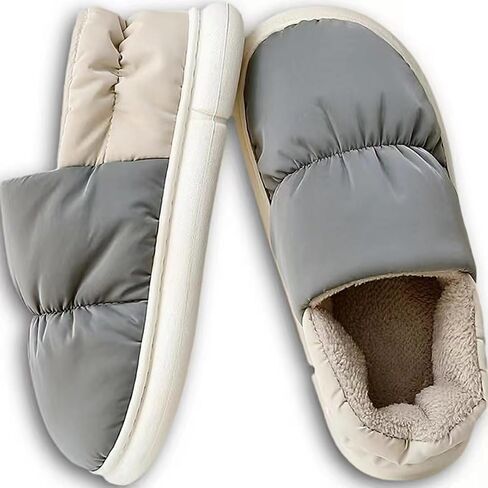 Quilted Puffer House Slippers with Full Foot Coverage Ultra-Soft Cotton Padding Fleece Lining Non-Slip Sole, All-Day Indoor Outdoor Comfort Warmth Shoes for Women Men in Kuwait