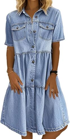 chouyatou Women Summer Casual Button Down Midi Denim Shirt Dress Cute Distressed Tiered Ruffle Jean Dress in Saudi Arabia
