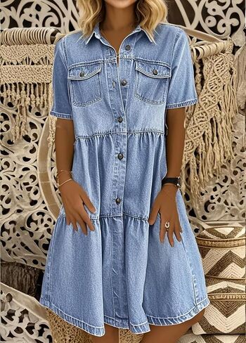 chouyatou Women Summer Casual Button Down Midi Denim Shirt Dress Cute Distressed Tiered Ruffle Jean Dress in Saudi Arabia