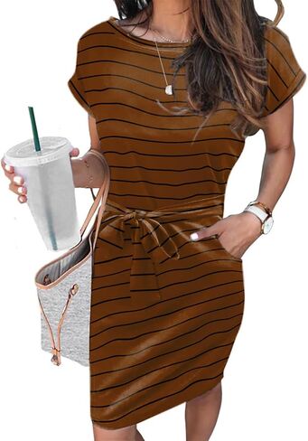 Arolina Womens Summer Short Sleeve Striped T Shirt Dress Casual Midi Dresses Crewneck Tie Waist with Pockets in Kuwait