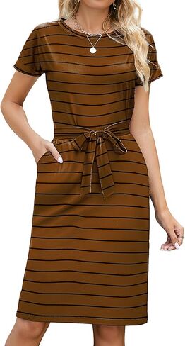 Arolina Womens Summer Short Sleeve Striped T Shirt Dress Casual Midi Dresses Crewneck Tie Waist with Pockets in Kuwait