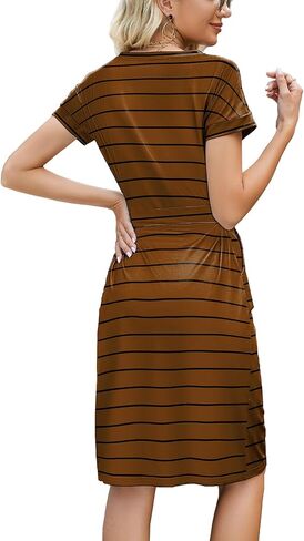 Arolina Womens Summer Short Sleeve Striped T Shirt Dress Casual Midi Dresses Crewneck Tie Waist with Pockets in Kuwait