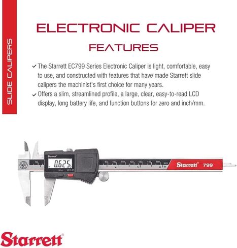 Starrett Stainless Steel Electronic Slide Caliper - 0-12" Range, .0005" Resolution, LCD Display, 0.75" Inside Jaw Depth, 2.50" Outside Jaw Depth - EC799A-12/300 W/SLC in Kuwait