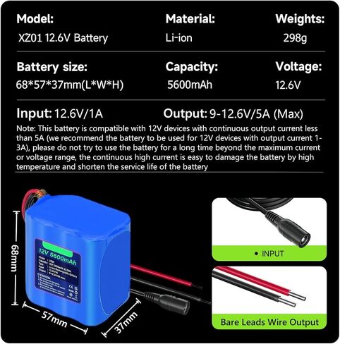 Rechargeable 12V 5600mAh Li-ion Battery, Bare Leads Wire Replacement Battery Pack with Charger Compatible with 12V Devices Robot,RC car, Solar Panels, DIY, LED Light Strip, CCTV Camera etc in Kuwait