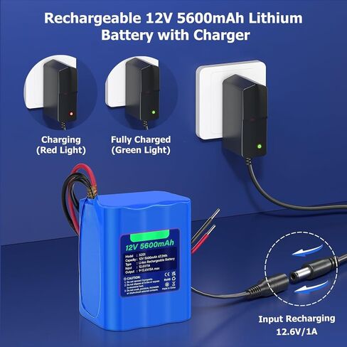 Rechargeable 12V 5600mAh Li-ion Battery, Bare Leads Wire Replacement Battery Pack with Charger Compatible with 12V Devices Robot,RC car, Solar Panels, DIY, LED Light Strip, CCTV Camera etc in Kuwait