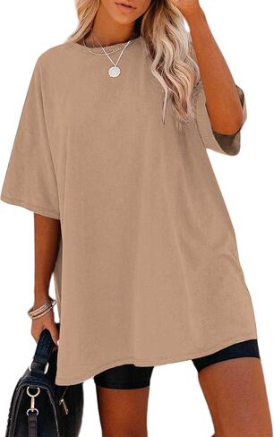 Remidoo Women's Oversized T Shirt Crewneck Solid Short Sleeve Baggy Cotton Tees in Kuwait