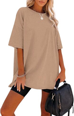 Remidoo Women's Oversized T Shirt Crewneck Solid Short Sleeve Baggy Cotton Tees in Kuwait