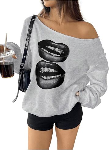 WDIRARA Women's One Shoulder Sweatshirt Oversized Lip Graphic Pullover Y2k Punk Long Sleeve Tops in Saudi Arabia