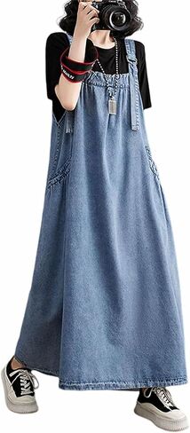 بلوفر نسائي من الدنيم كاجوال فضفاض بدون أكمام وحزام قابل للتعديل من الدنيم مع جيوب وحاشية واسعة in Kuwait