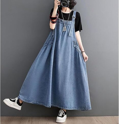 بلوفر نسائي من الدنيم كاجوال فضفاض بدون أكمام وحزام قابل للتعديل من الدنيم مع جيوب وحاشية واسعة in Kuwait