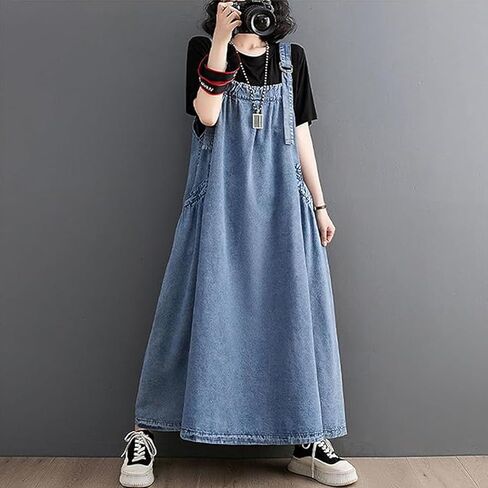 بلوفر نسائي من الدنيم كاجوال فضفاض بدون أكمام وحزام قابل للتعديل من الدنيم مع جيوب وحاشية واسعة in Kuwait