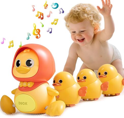 Baby Crawling Toys Set of 4 - Magnetic Swaying Ducks for 6-12 Months, Tummy Time Toys with Music & Lights, 1st　Birthday Gift for Boys and Girls(Yellow) in Saudi Arabia