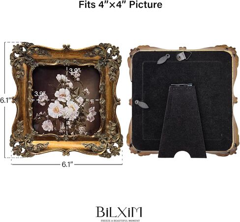 4x4 Small Vintage Picture Frame, Antique Bronze Gold Ornate Square Photo Frame, Wall Hanging or Tabletop Display, Decorative Floral Design Retro Home Decor, Photo Gallery Art in Kuwait