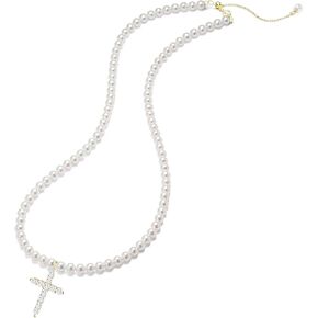 Pearl Cross Necklace | Handmade 14k Gold Cross Dainty Choker | Main Chain 14"+Freedom Adjustable Length 5"| New Year Gift in Saudi Arabia