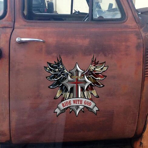 Premium Ride with God Wings and Cross Helmet Sticker Decal – Motorcycle Tank, Tool Box, Bumper Vinyl for Car, Truck – Weatherproof, Durable Christian Faith Vinyl Decal (6x6 inches) in Saudi Arabia
