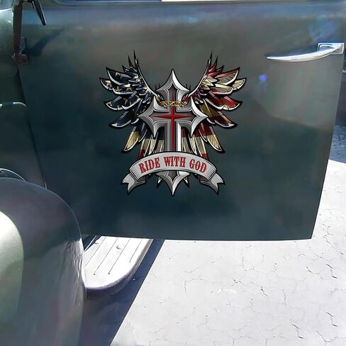 Premium Ride with God Wings and Cross Helmet Sticker Decal – Motorcycle Tank, Tool Box, Bumper Vinyl for Car, Truck – Weatherproof, Durable Christian Faith Vinyl Decal (6x6 inches) in Saudi Arabia