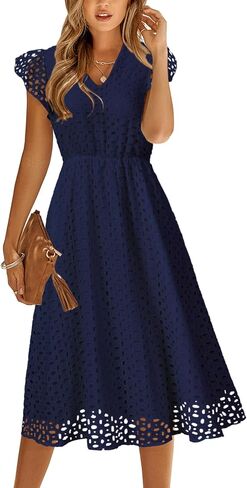 Women's 2025 Ruffle Sleeve Eyelet V Neck Mini A Line Casual Elegant Holiday Wedding Guest Party Dresses with Pockets in Saudi Arabia