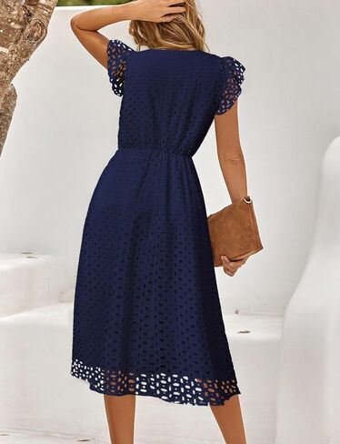 Women's 2025 Ruffle Sleeve Eyelet V Neck Mini A Line Casual Elegant Holiday Wedding Guest Party Dresses with Pockets in Saudi Arabia