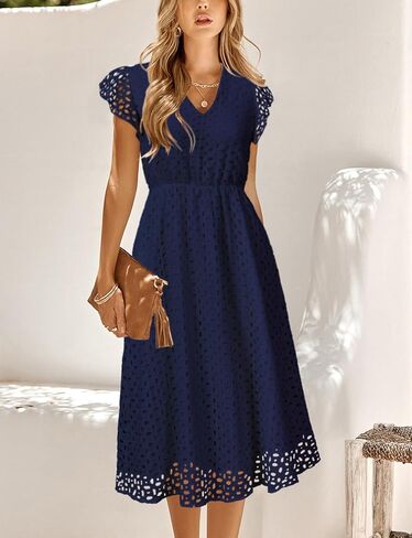 Women's 2025 Ruffle Sleeve Eyelet V Neck Mini A Line Casual Elegant Holiday Wedding Guest Party Dresses with Pockets in Saudi Arabia