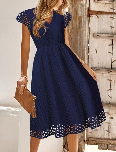 Women's 2025 Ruffle Sleeve Eyelet V Neck Mini A Line Casual Elegant Holiday Wedding Guest Party Dresses with Pockets in Saudi Arabia