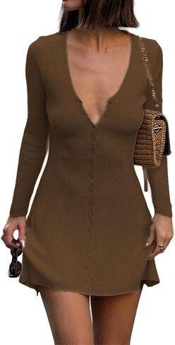 Women Sexy Deep V Neck Button Front Knit Mini Dress Elegant Long Sleeve Ribbed Flowy Hem A-Line Short Dresses in Saudi Arabia