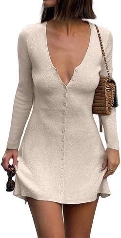 Women Sexy Deep V Neck Button Front Knit Mini Dress Elegant Long Sleeve Ribbed Flowy Hem A-Line Short Dresses in Saudi Arabia