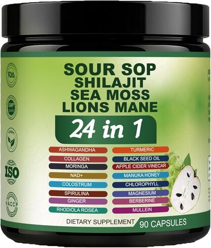 24 في 1 كبسولات الحمراء - كبسولات Graviola soursop مع Shilajit ، Sea Moss ، Lions Mane ، الكركم ، أشواغاندا ، نباتي ، الزنجبيل آند مانوكا ، وأكثر من ذلك ، غير GMO ، 90 كافرز in Kuwait