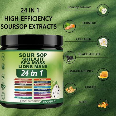 24 في 1 كبسولات الحمراء - كبسولات Graviola soursop مع Shilajit ، Sea Moss ، Lions Mane ، الكركم ، أشواغاندا ، نباتي ، الزنجبيل آند مانوكا ، وأكثر من ذلك ، غير GMO ، 90 كافرز in Kuwait