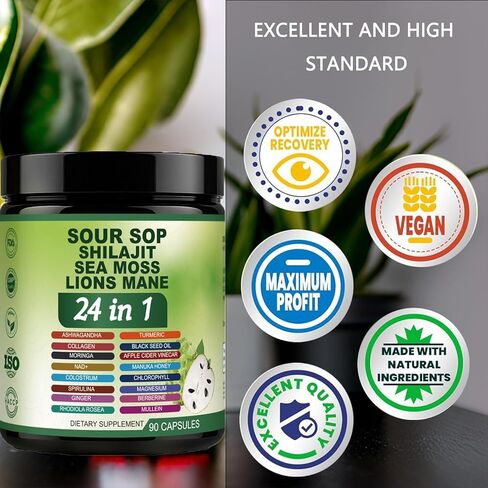 24 في 1 كبسولات الحمراء - كبسولات Graviola soursop مع Shilajit ، Sea Moss ، Lions Mane ، الكركم ، أشواغاندا ، نباتي ، الزنجبيل آند مانوكا ، وأكثر من ذلك ، غير GMO ، 90 كافرز in Kuwait