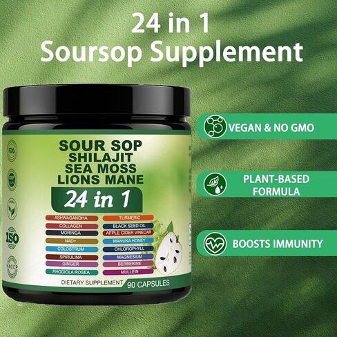 24 في 1 كبسولات الحمراء - كبسولات Graviola soursop مع Shilajit ، Sea Moss ، Lions Mane ، الكركم ، أشواغاندا ، نباتي ، الزنجبيل آند مانوكا ، وأكثر من ذلك ، غير GMO ، 90 كافرز in Kuwait