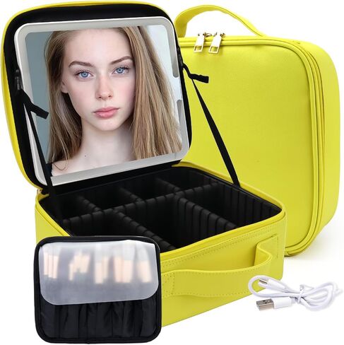 حقيبة مكياج السفر مع مرآة LED و COSTEP COSSMETION COSMETAL COSTEMERT PORTION COMTER COSMETION BAS مع مقسمات قابلة للتعديل لضمادات مستحضرات التجميل بفرش مكياج (أسود) in Kuwait