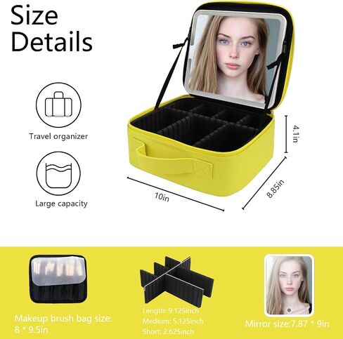 حقيبة مكياج السفر مع مرآة LED و COSTEP COSSMETION COSMETAL COSTEMERT PORTION COMTER COSMETION BAS مع مقسمات قابلة للتعديل لضمادات مستحضرات التجميل بفرش مكياج (أسود) in Kuwait