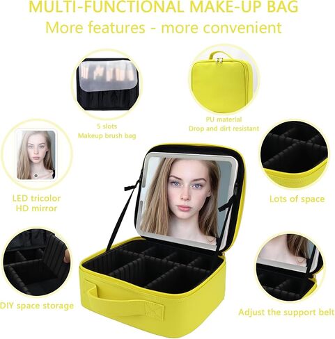 حقيبة مكياج السفر مع مرآة LED و COSTEP COSSMETION COSMETAL COSTEMERT PORTION COMTER COSMETION BAS مع مقسمات قابلة للتعديل لضمادات مستحضرات التجميل بفرش مكياج (أسود) in Kuwait