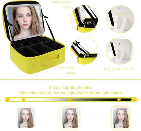 حقيبة مكياج السفر مع مرآة LED و COSTEP COSSMETION COSMETAL COSTEMERT PORTION COMTER COSMETION BAS مع مقسمات قابلة للتعديل لضمادات مستحضرات التجميل بفرش مكياج (أسود) in Kuwait