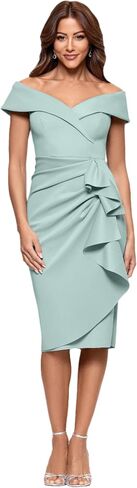 Xscape Women's Short Scuba Off-The-Shoulder Ruffle Midi Dress with Center Back Zipper in Saudi Arabia