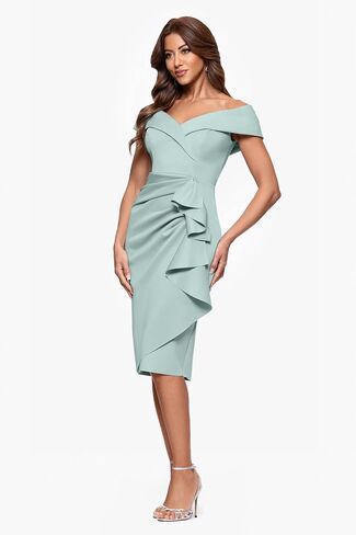 Xscape Women's Short Scuba Off-The-Shoulder Ruffle Midi Dress with Center Back Zipper in Saudi Arabia
